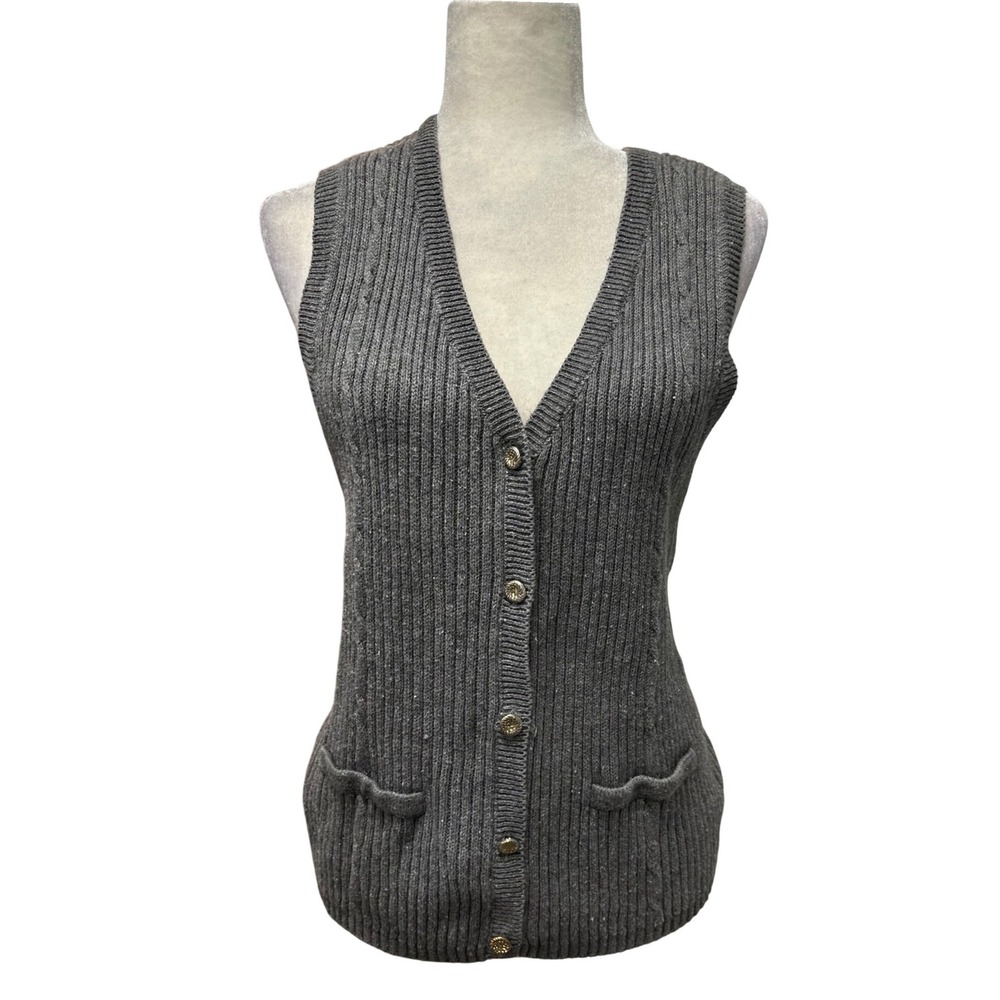 Womens Cable Knit Sweater Vest Gray Ribbed Gold Button‎ Front Size L Old Money